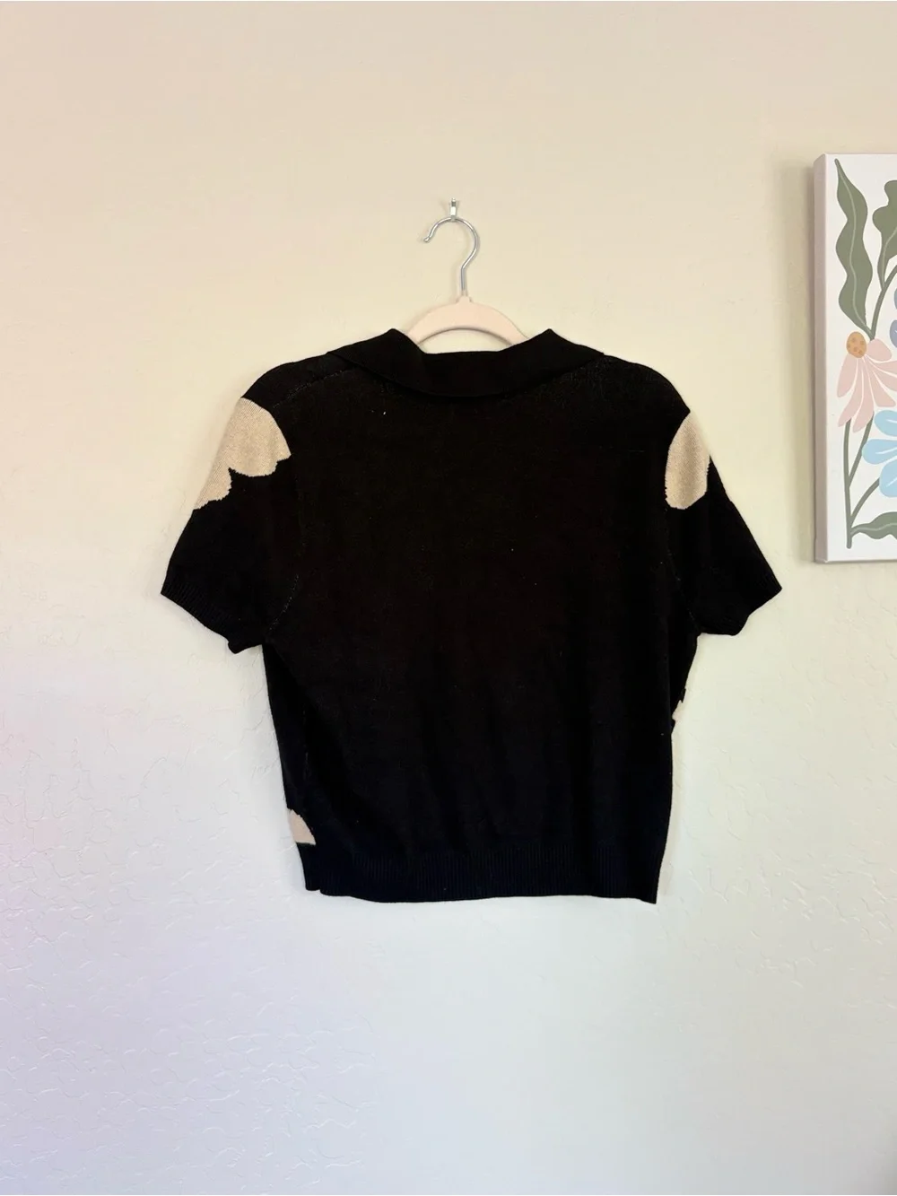 Cider Retro Floral Cropped Polo Sweater Top Large Black Cream Knit NWOT - Picture 4 of 5